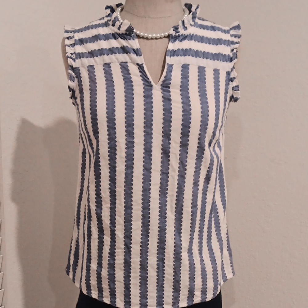 Talbots Blue and White Ruffle Trim Blouse